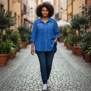 Vintage Jordana Blue Embroidered Coastal Theme Blouse Cool Buttons Size XL